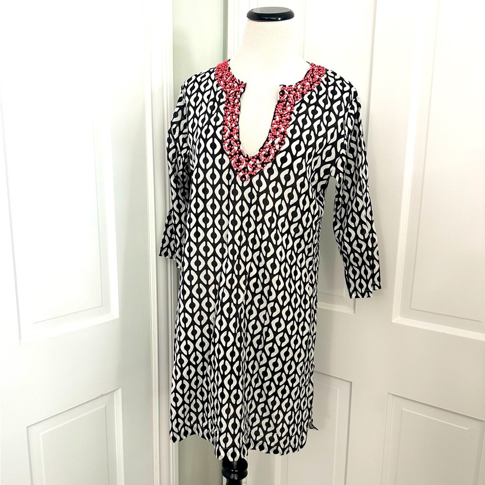 NEW! ECHO Geometric Swimsuit Coverup BLACK  Beaded V-neck dress SMALL cover-up